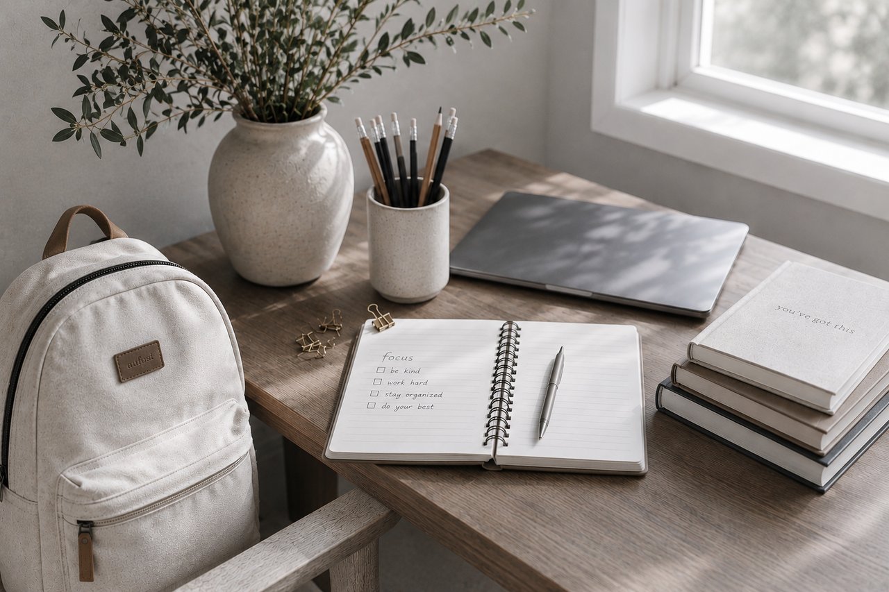 wood desk with school supplies