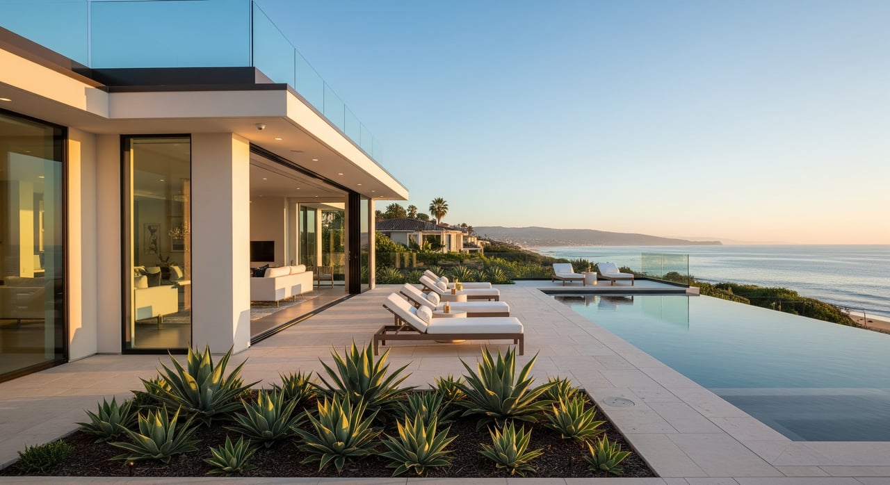 Modern glass-fronted house beside a long infinity pool overlooking the sea at sunset.