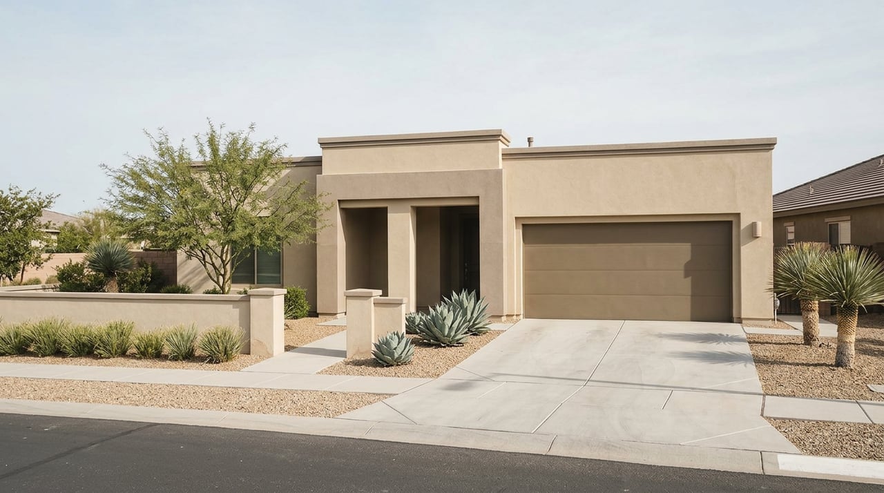 Sand-colored stucco home with bronze garage door, airy desert tree, agaves, and yuccas in a gravel front yard.