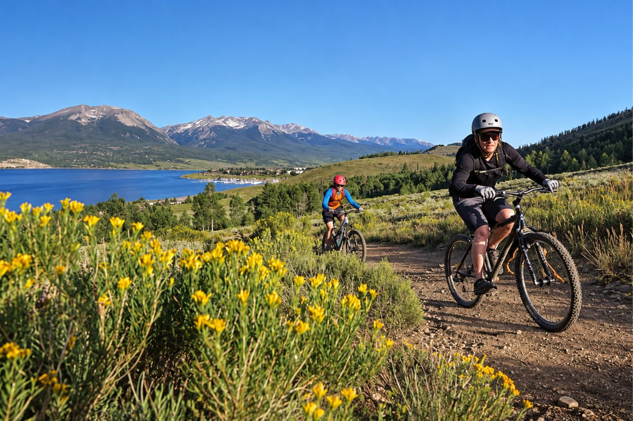 Mountain bikers ride a wildflower-lined trail above a blue lake, with snow-dusted peaks in the distance.