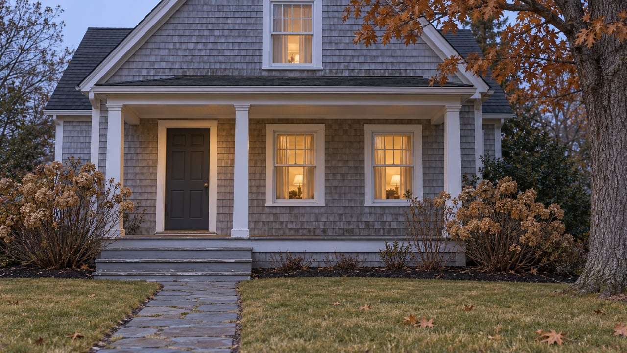 Weathered cedar-shingle cottage with a white-trimmed covered porch, warm windows, and a bluestone path across an autumn lawn at dusk.