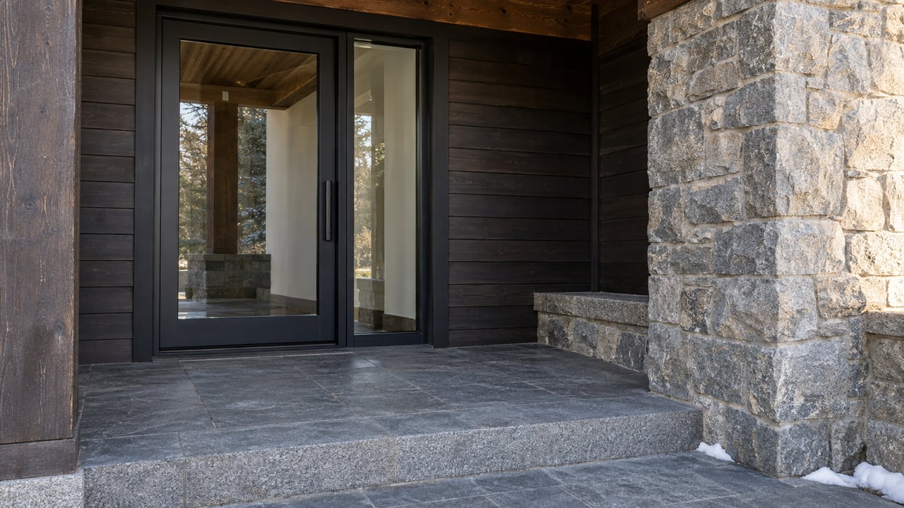 Dark timber and gray granite frame a closed glazed residential entrance above a worn stone landing, with traces of snow in shaded masonry joints.