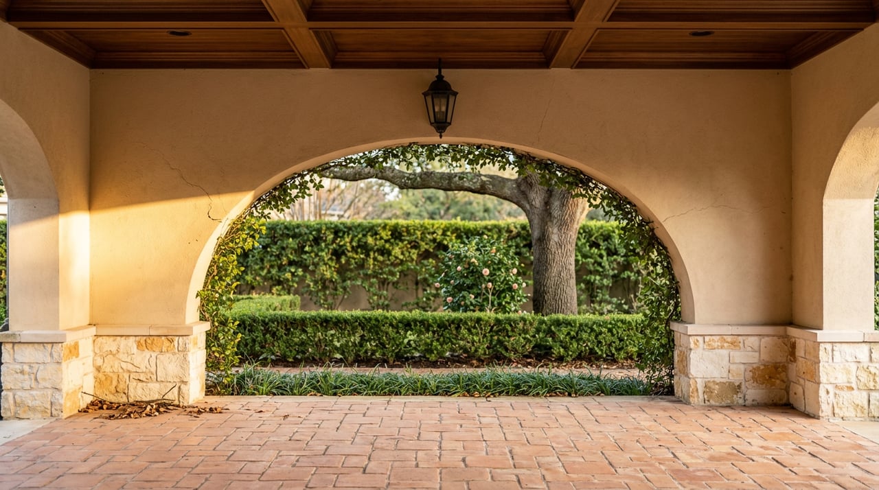 Terracotta pavers lead through a stucco arch to a clipped garden hedge and oak, beneath a beamed loggia ceiling.