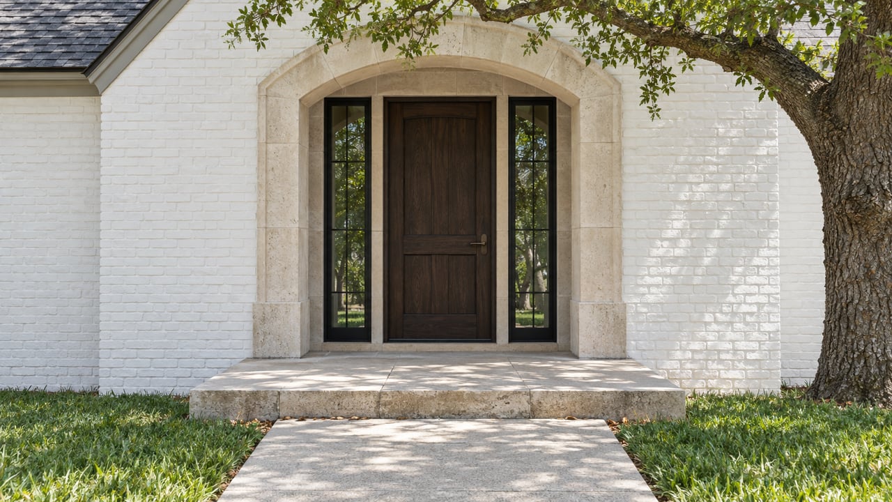 Close view of a white-painted brick home with a limestone arched entry, dark oak door and black-framed sidelights beneath an oak canopy.