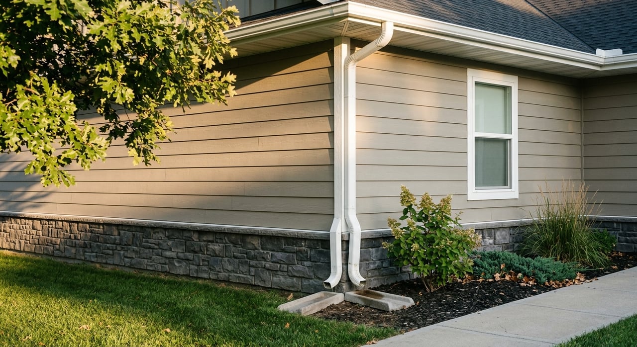 Weathered house siding beneath a roofline, with a gutter and downspout in warm light.