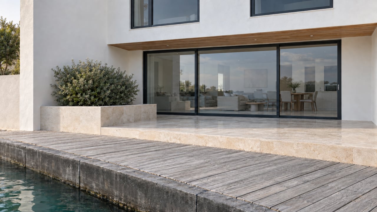 White stucco waterside home with dark-framed glass doors, timber terrace, planter, seawall, and water.