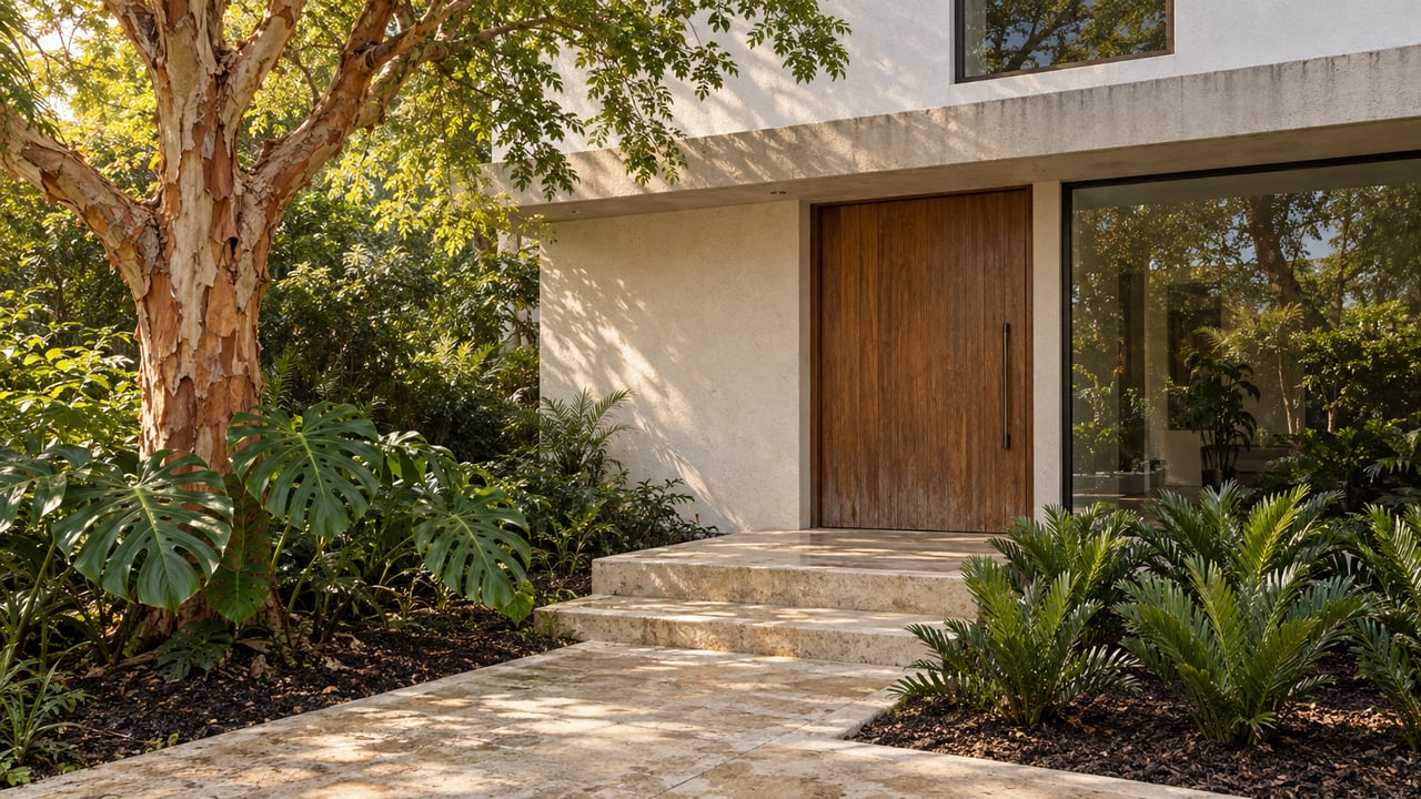 A teak entry door and limestone steps at a white stucco home, framed by a copper-barked tree and tropical planting.