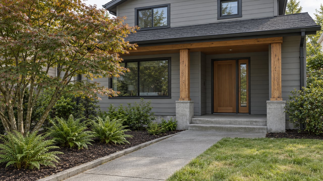 Gray-sided two-story home with a timber porch, concrete garden walk, vine maple and sword ferns in soft daylight.