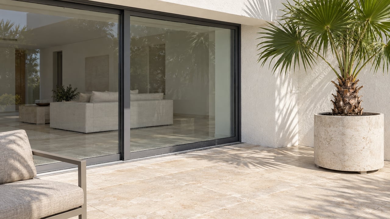 Pale limestone terrace with closed glass living-room doors, a low lounge chair and one fan palm beside a white stucco wall.