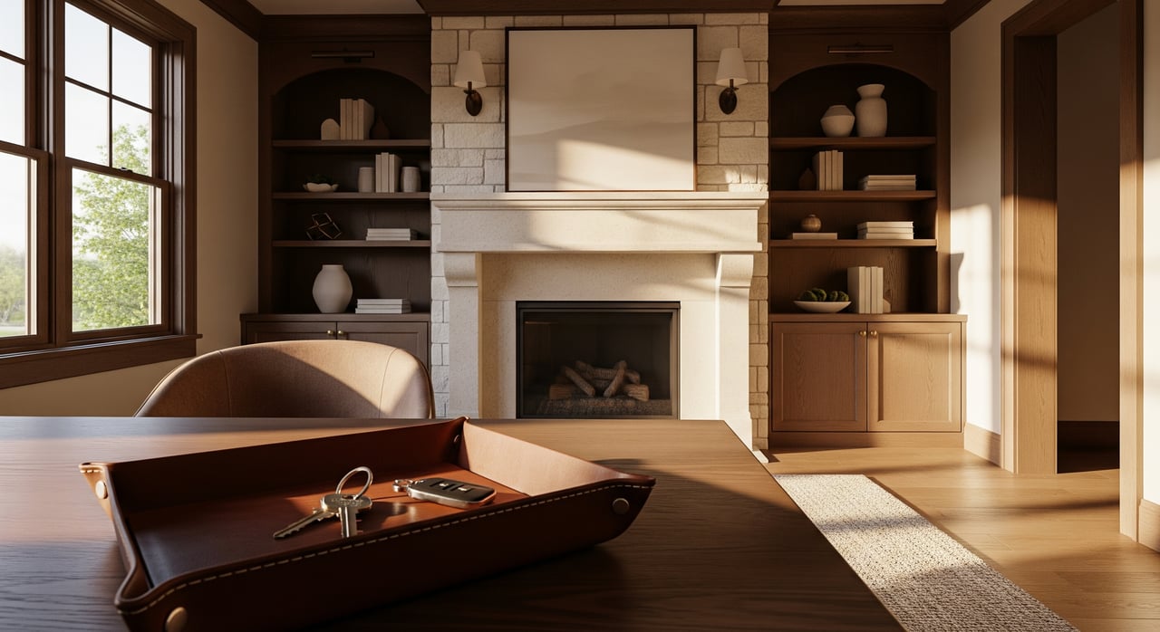 Leather valet tray with keys on a desk, facing a stone fireplace and built-in shelves.
