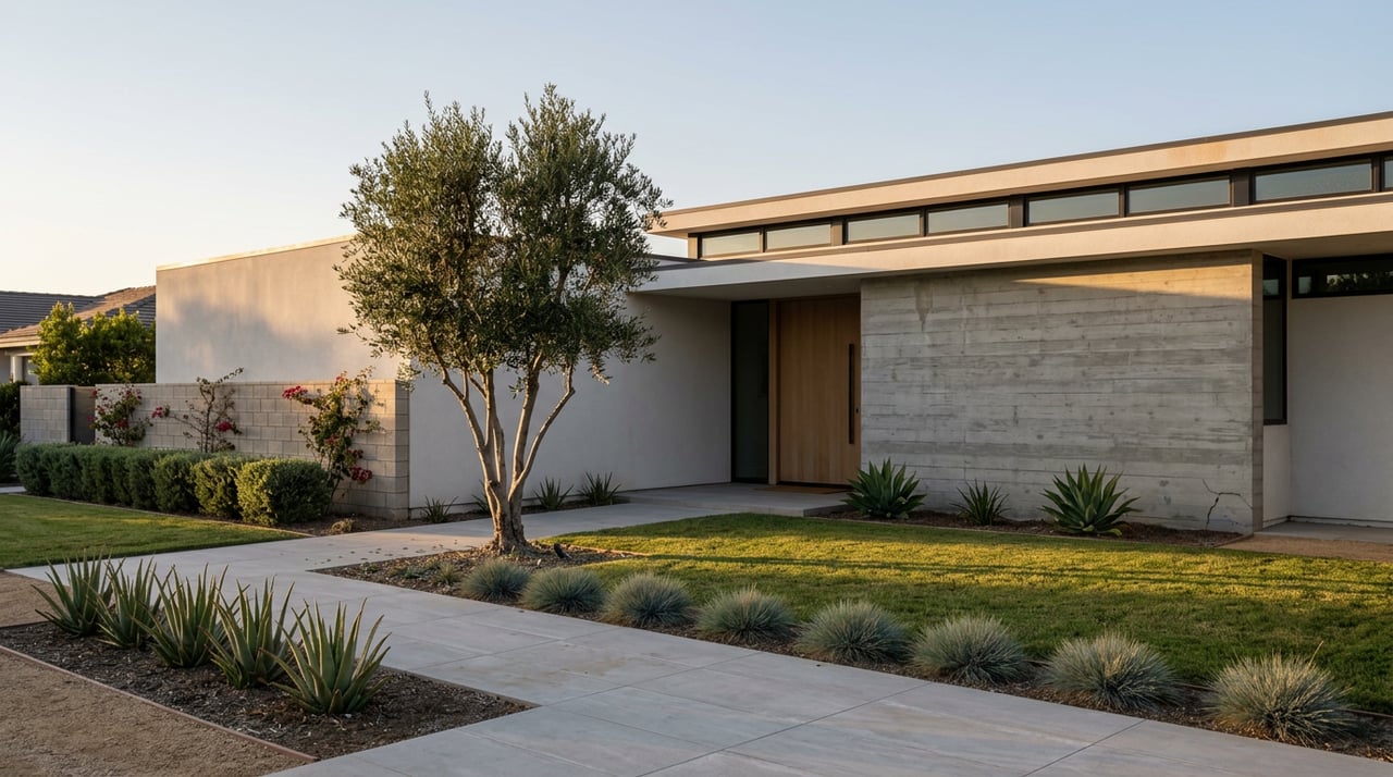 Single-story stucco home with a concrete accent wall, clerestory windows, and an olive tree beside the entry.