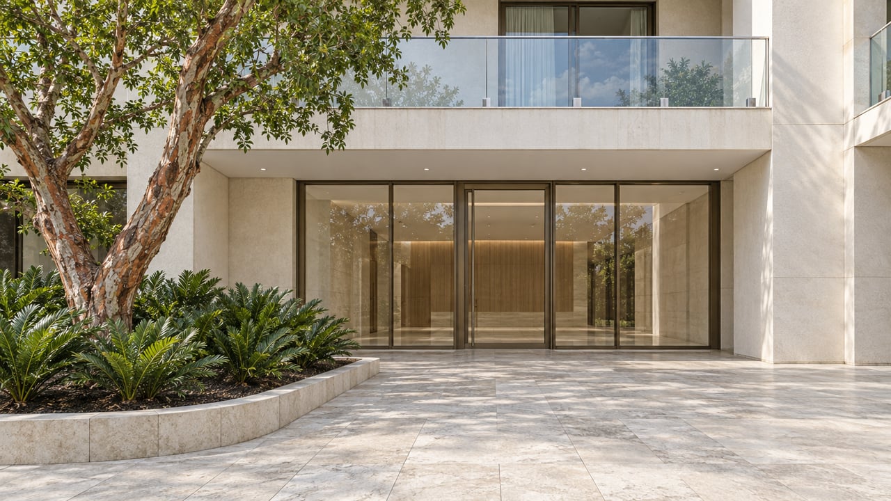 Pale stucco condominium entrance with bronze-framed lobby glazing, limestone paving, and a sculptural copper-barked tree in a raised planting island.