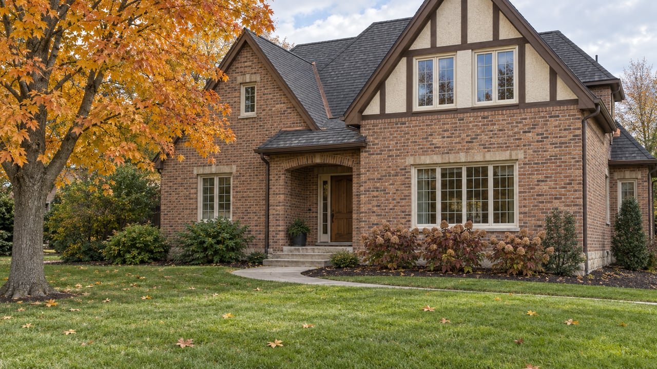 A brick two-story home with timber-trimmed gables, a deep front lawn, an autumn sugar maple, and a curved concrete front walk.