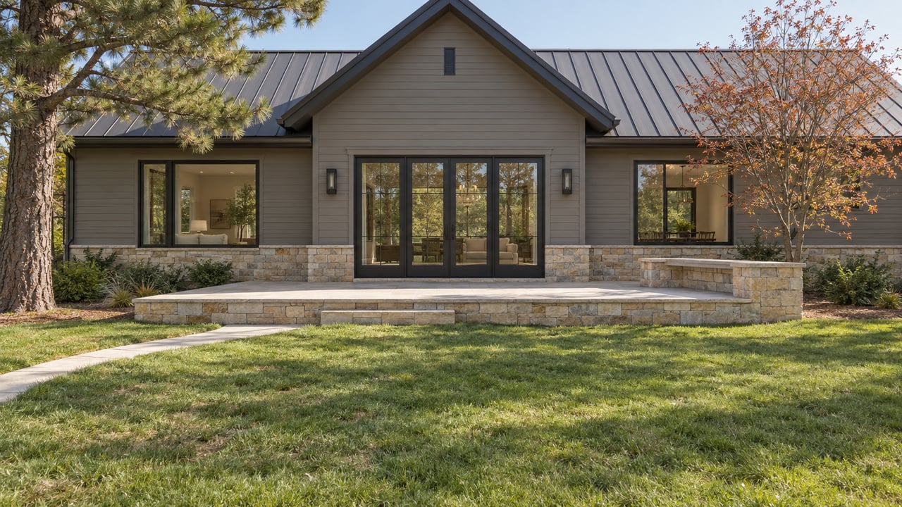 Detached gray-sided home with a raised limestone patio, curving walk, pine tree, and patchy lawn.
