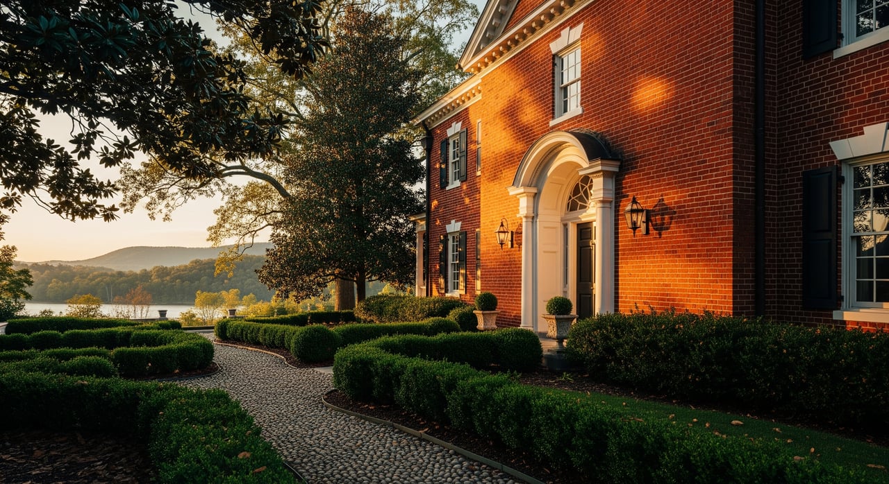 Red brick house with an arched doorway, formal hedges, and a cobblestone path beside a lake.