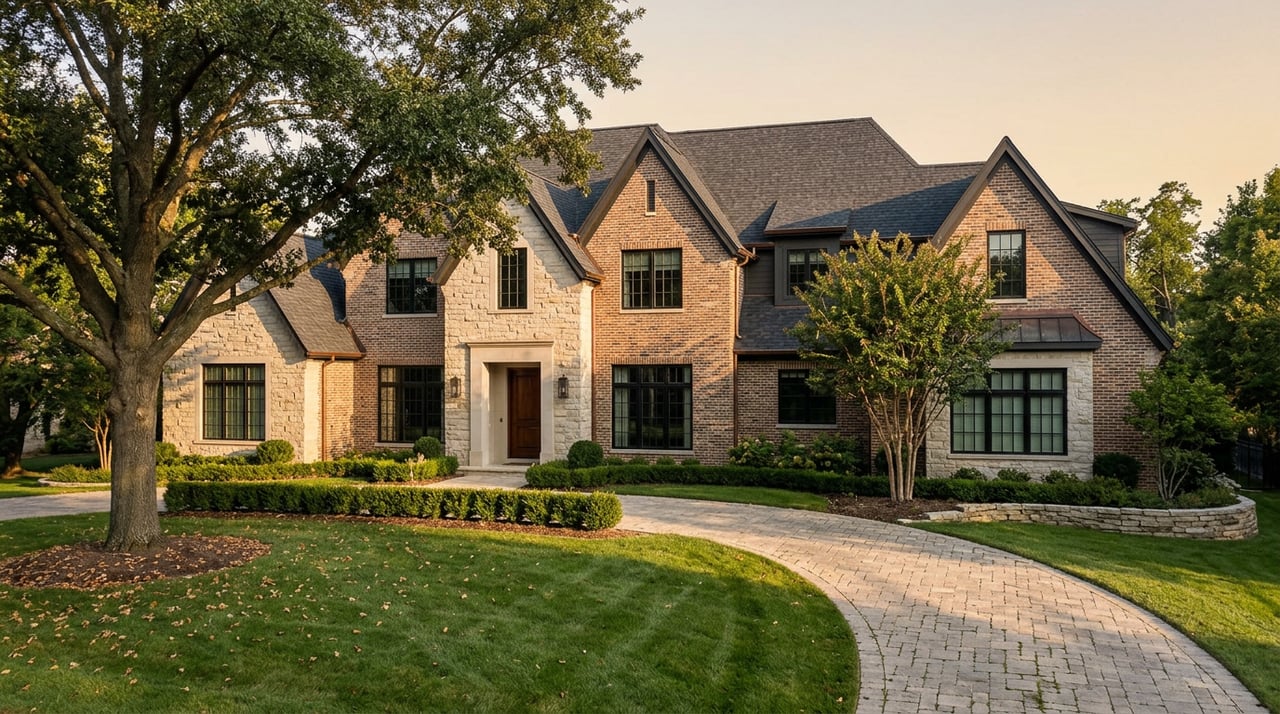 Estate home with limestone and brick facade, sweeping paver drive, broad lawn, and mature oak tree.
