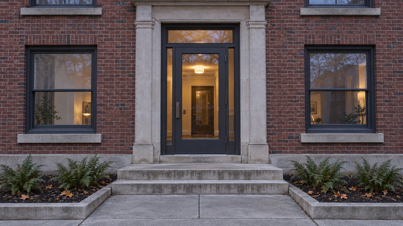 Red-brick apartment entrance with limestone steps, dark-framed windows, and warm light behind a closed glass door.