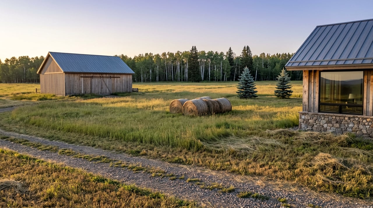 A weathered cedar barn and stone-based residence stand across a meadow, with hay bales and a gravel track in the foreground.