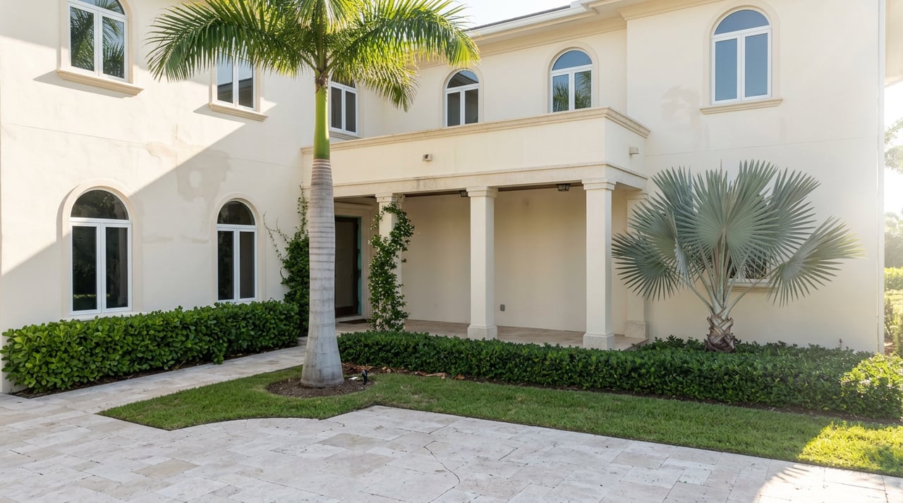 Cream stucco coastal home with an arched loggia, travertine motor court, and palms beside a clipped hedge.