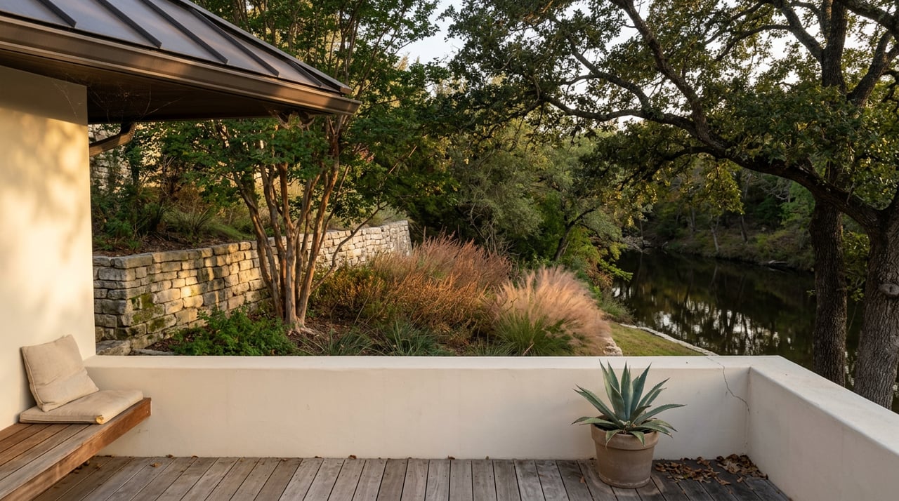 Covered deck overlooks a steep, native-planted slope and still water beneath a live oak canopy.
