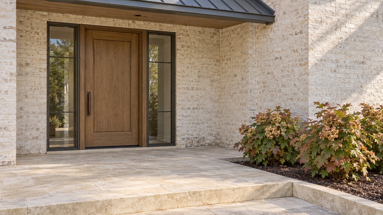 Oak front door with bronze-framed sidelights, limewashed brick and a limestone entrance terrace beside oakleaf hydrangeas.