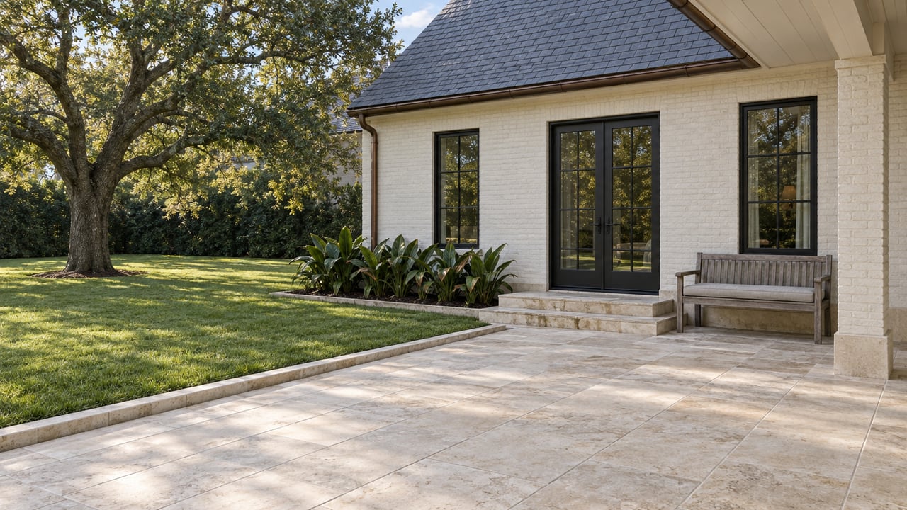 Limestone terrace beside a white painted-brick home with tall dark windows, a teak bench, and a spreading mature oak over the lawn.