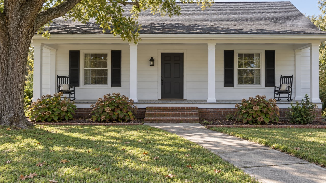 White clapboard house with a shaded porch, paired rocking chairs, brick foundation and an oak beside its front lawn.