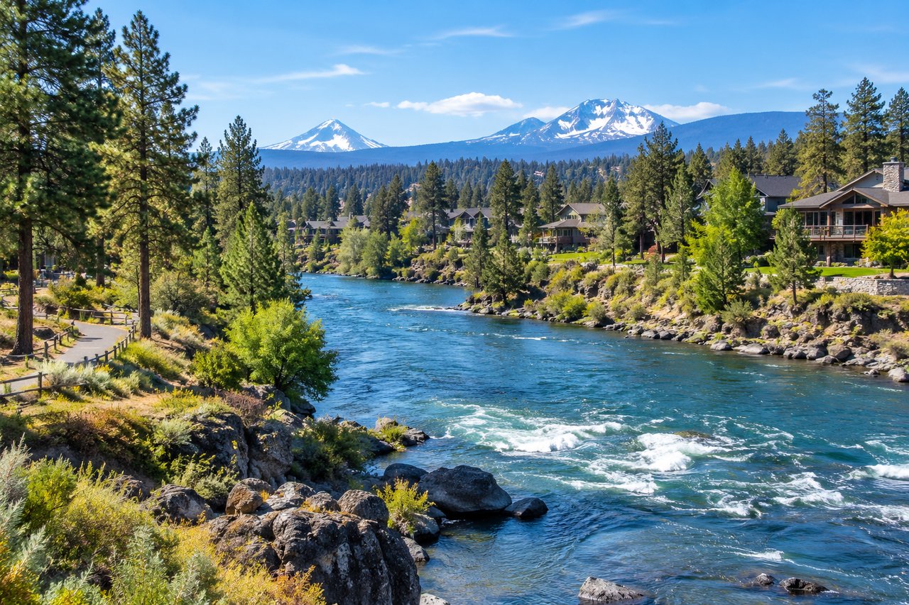 Deschutes River and riverside homes beneath snow-capped Cascade Mountains