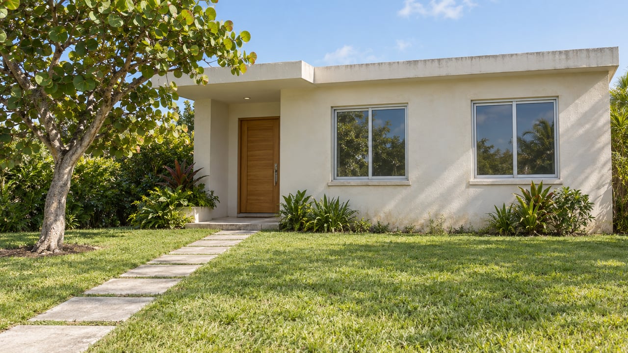 Compact stucco house with an oak entry door, two windows, a paver path, and a broad-canopied tree.