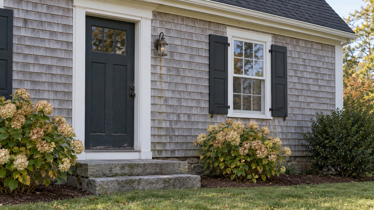 Weathered gray-shingled house facade with a painted door, shuttered sash window, drying hydrangeas, and granite steps.
