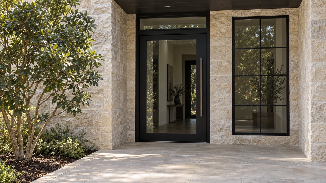 Cream limestone entry with a closed black-framed glass door, bronze handle, stone landing and a sculptural evergreen specimen.