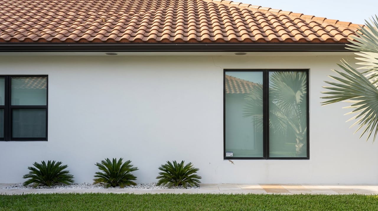 White stucco wall with black-framed impact windows beneath a terracotta tile hip-roof eave; a gecko rests near one sill.