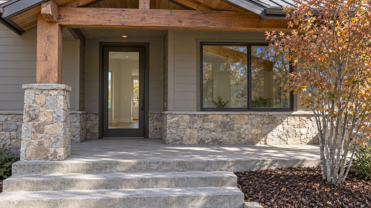 Autumn sunlight on a covered home entry with timber framing, buff stone, bronze-framed glass and a serviceberry beside concrete steps.