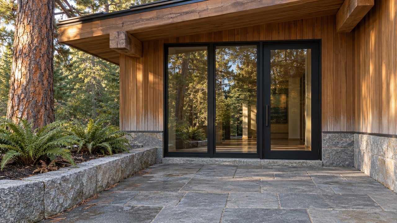 Weathered cedar and stone home entry beside a mature ponderosa pine, with quartzite paving and ferns in a raised granite bed.