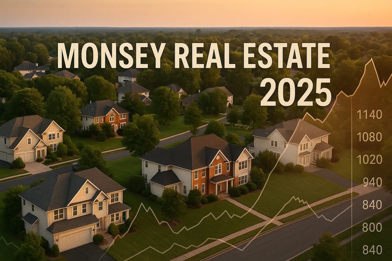 Aerial view of Monsey homes at sunset with overlaid real estate market trend graph and bold 2025 headline.