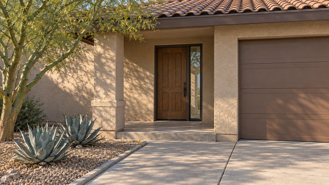 Warm afternoon light on a sandy stucco home with a tiled roof, recessed wood entry, concrete approach, and sculptural desert planting.