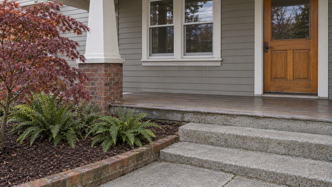 A weathered wood-clapboard entry with a fir door, brick porch pier, concrete steps, burgundy Japanese maple and sword ferns.