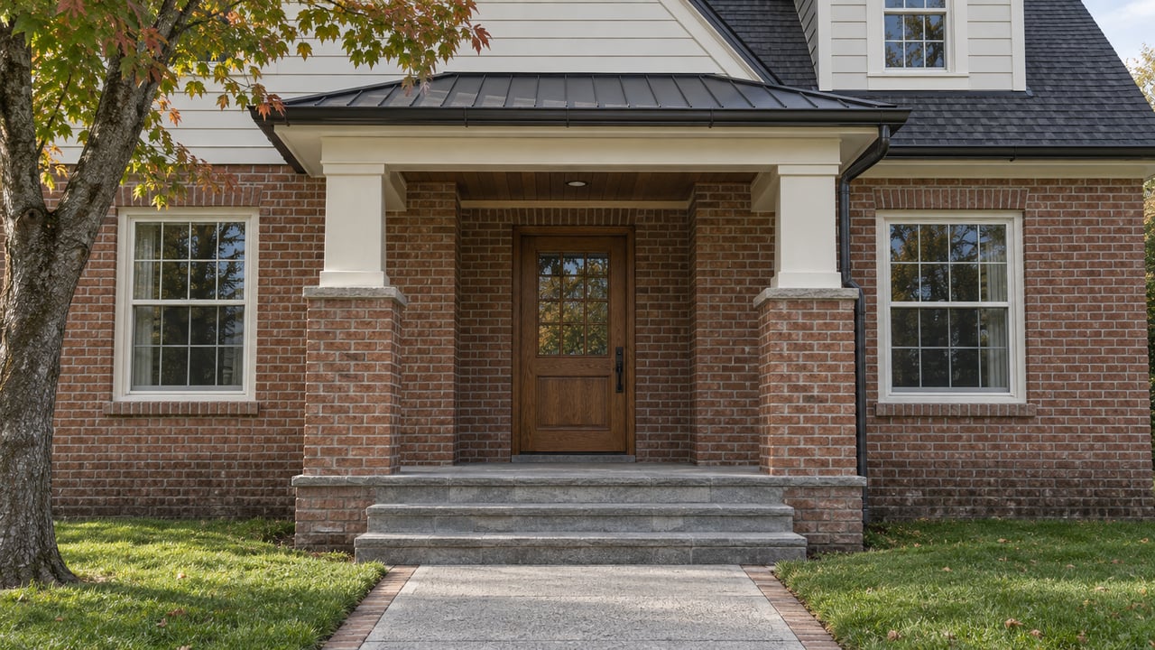 Brick and ivory-sided home with an oak entry door, paired grid-pane windows and gray stone porch steps beneath a dark metal roof.