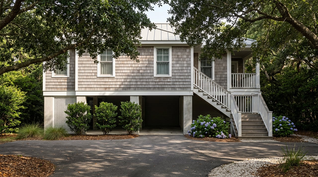 Elevated gray-shingled cottage with white stairs beneath a sprawling live oak canopy