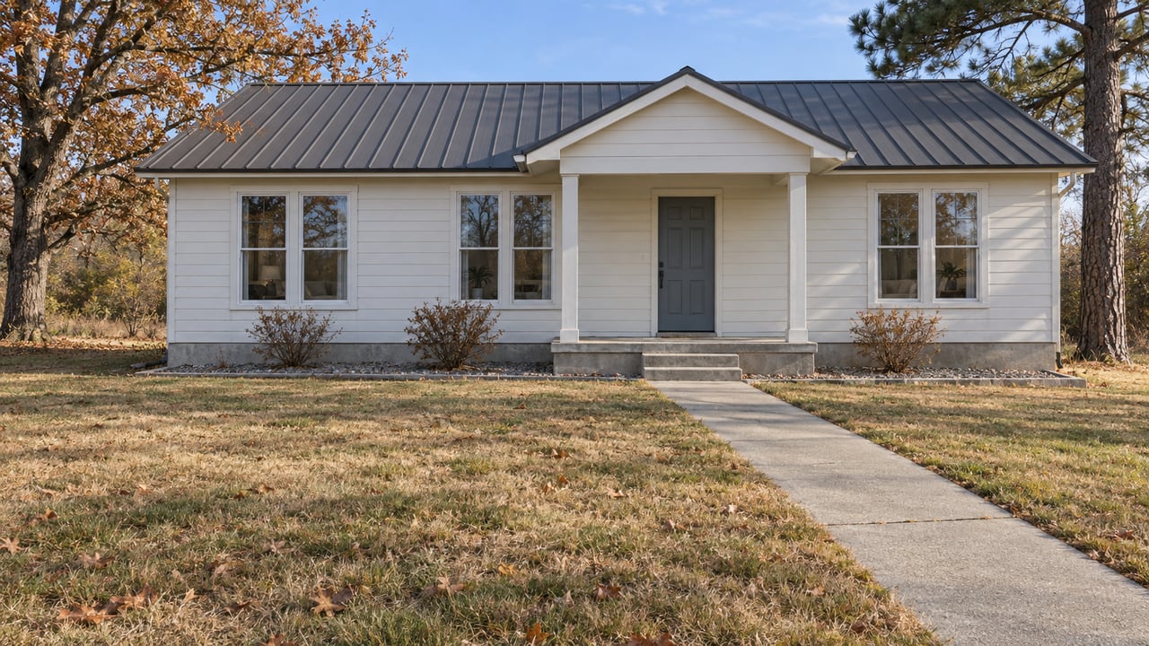 An ivory-sided single-story home with a covered porch, a broad late-fall lawn, and mature oak and pine trees.