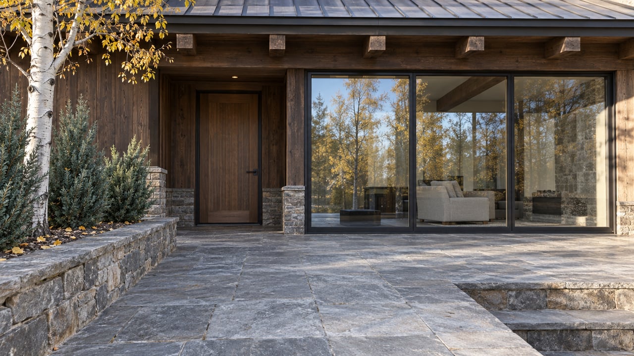 Autumn light on a timber-and-stone home entry, with a glazed living room, quartzite terrace and yellow-leaved aspen.