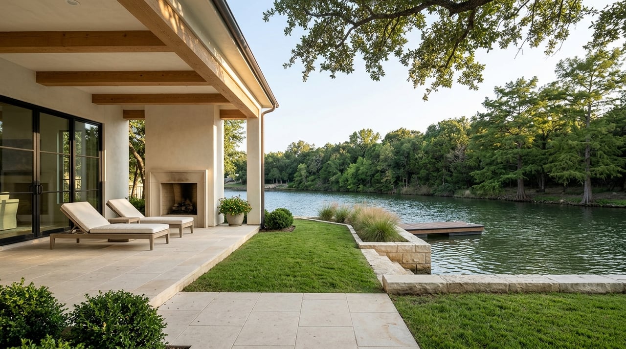 Lakeside covered terrace with limestone stucco, cedar beams, and a dock in late-afternoon light.