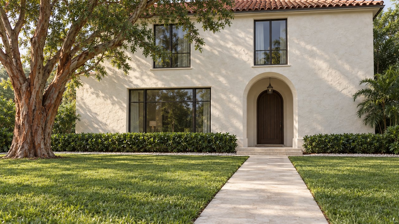 Cream stucco house with terracotta roof, arched entry, broad lawn, and a mature tree beside the walkway.