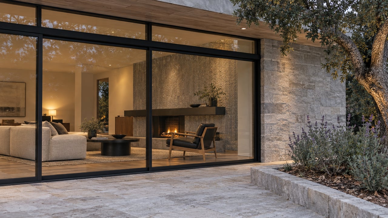 Evening terrace beside a modern home, with closed black-framed glass doors, warm living-room light, pale stone paving and an oak tree.