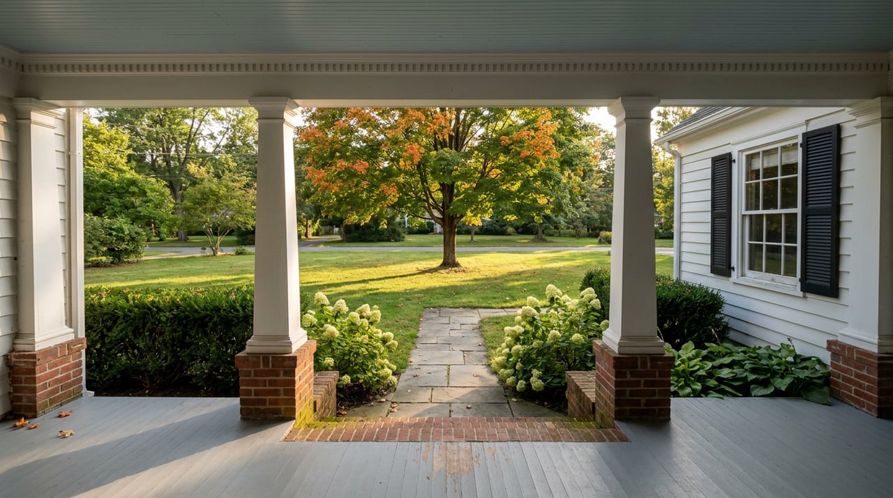 White porch columns frame a flagstone walk and lawn beneath an orange-leaved maple.
