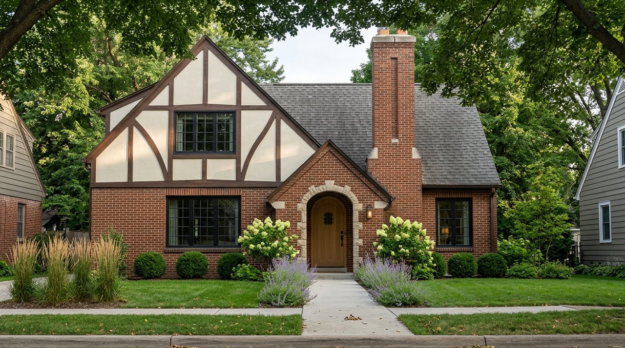 Two-story brick Tudor home with a half-timbered gable, arched entry, and tall chimney beneath a leafy canopy.