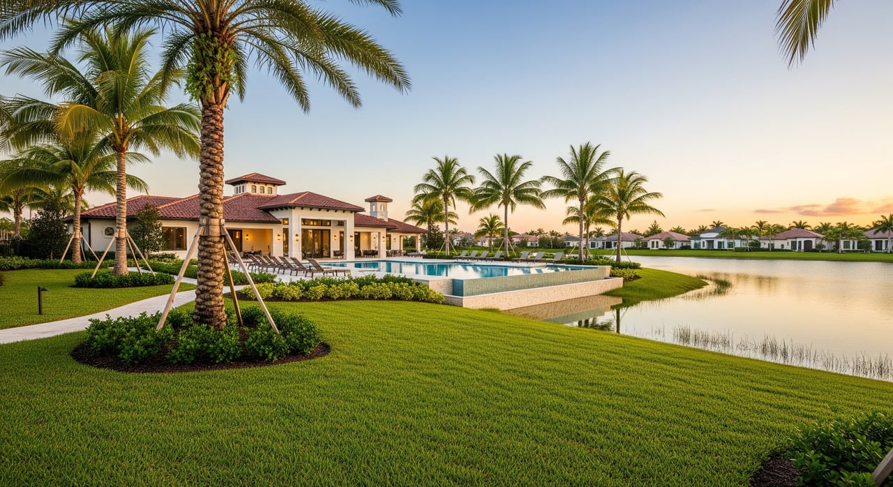 Mediterranean-style house and swimming pool beside a lake, framed by palm trees and manicured lawn.