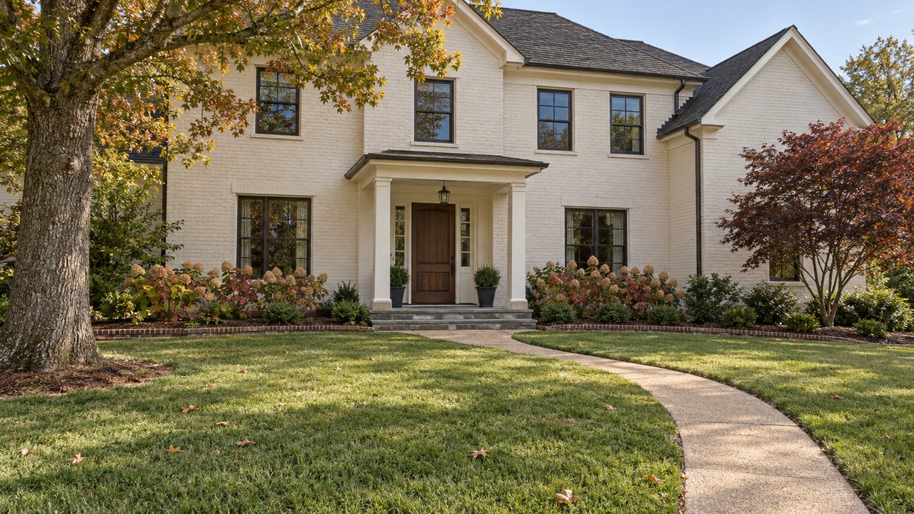 An ivory brick two-story home behind a deep green lawn, with a stone porch and mature trees showing early autumn color.