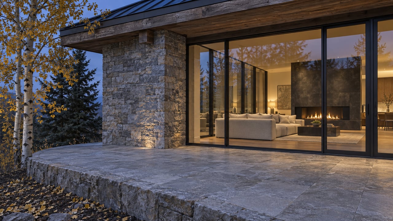 Blue-hour terrace beside a stone-and-timber home, with a warmly illuminated great room behind glass and yellow aspen leaves beside a spruce.