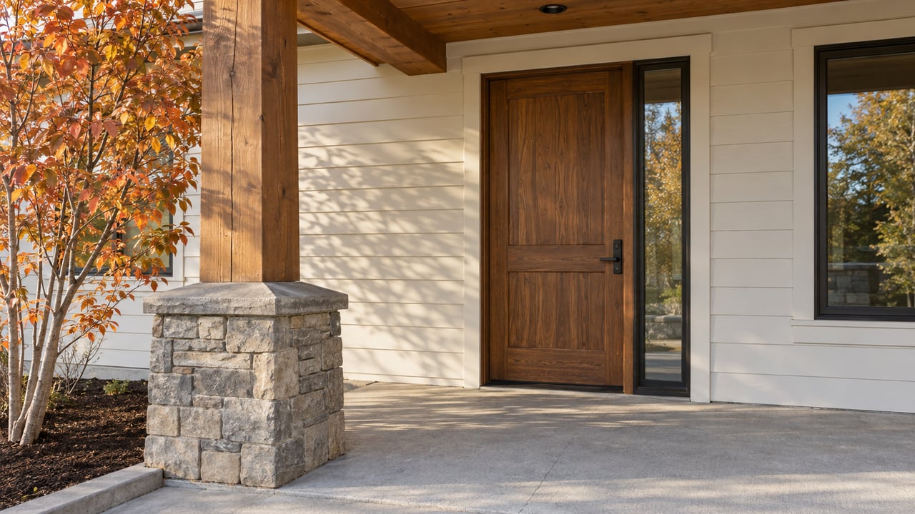 Autumn light across a timber porch post, gray stone base and walnut entry door beside a copper-leaved serviceberry.